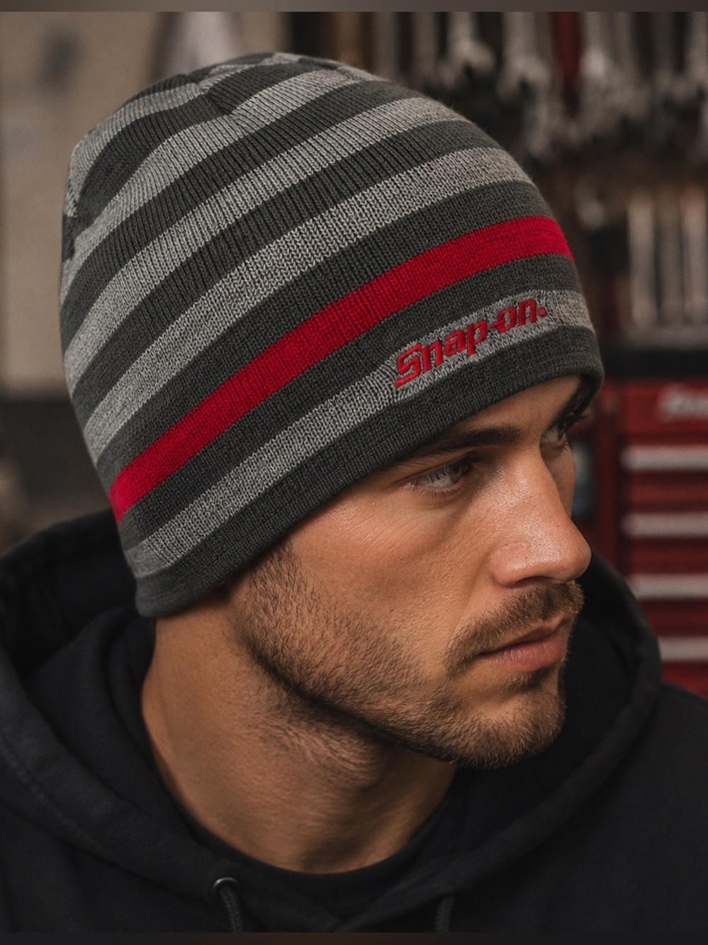 Snap-on Tools Gray Black Red Striped Knit Beanie Embroidered Logo Skull Cap
